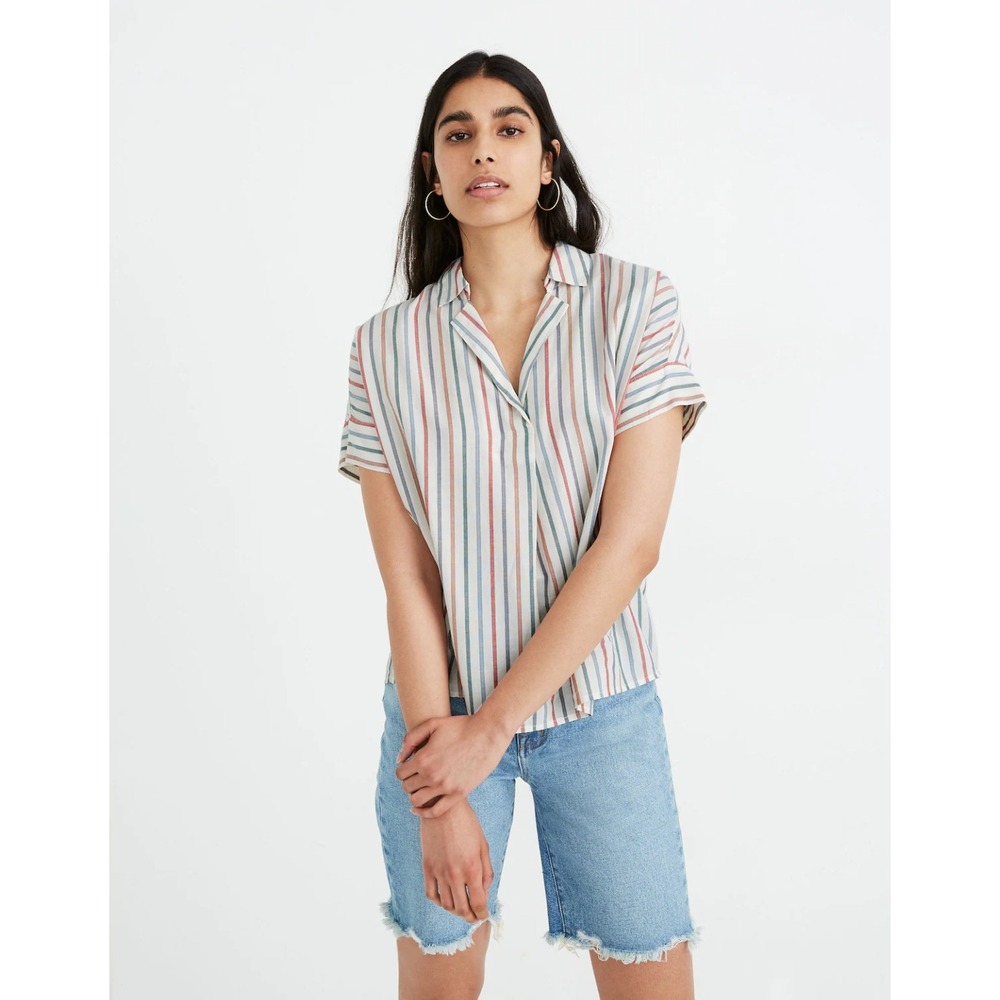 Madewell Park Popover Shirt Rainbow Stripe 100% Cotton Drapey Camp Top Small
